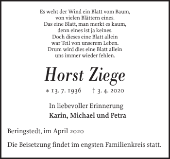 Traueranzeige von Horst Ziege von Landeszeitung