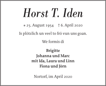 Traueranzeige von Horst T. Iden von Landeszeitung