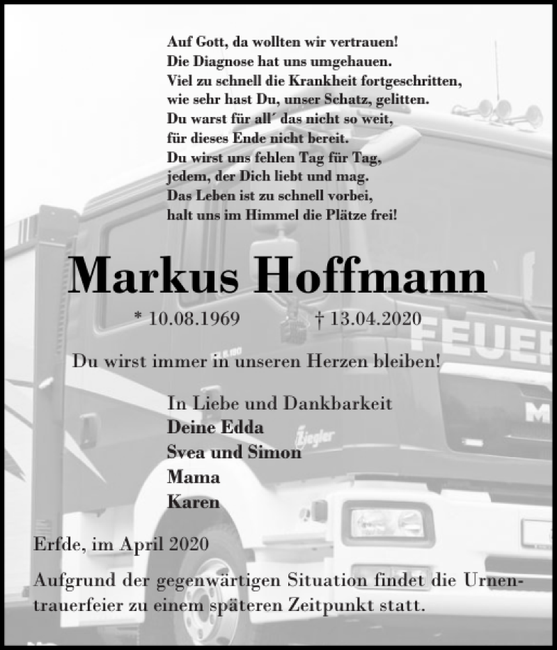  Traueranzeige für Markus Hoffmann vom 17.04.2020 aus Landeszeitung