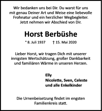 Traueranzeige von Horst Berbüshe von Stormarner Tageblatt
