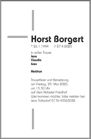 Traueranzeige von Horst Borgert von Schleswiger Nachrichten