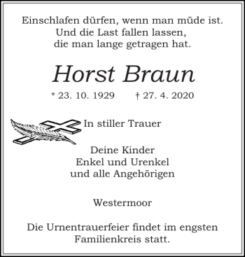 Traueranzeige von Horst Braun von Norddeutsche Rundschau