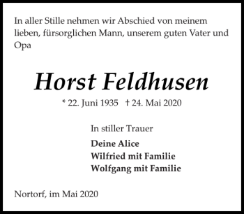 Traueranzeige von Horst Feldhusen von Landeszeitung