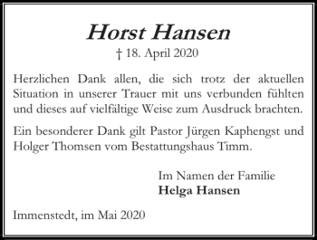 Traueranzeige von Horst Hansen von Husumer Nachrichten