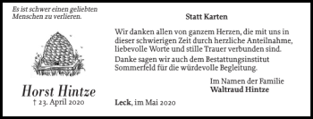 Traueranzeige von Horst Hintze von Flensburger Tageblatt