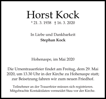 Traueranzeige von Horst Kock von Norddeutsche Rundschau
