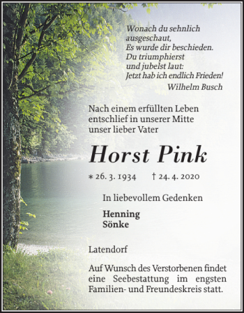 Traueranzeige von Horst Pink von Holsteinischer Courier