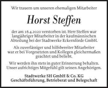 Traueranzeige von Horst Steffen von Eckernförder Zeitung