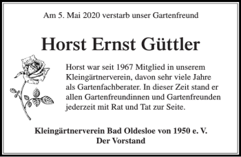 Traueranzeige von Horst Ernst Güttler von Stormarner Tageblatt