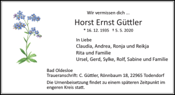 Traueranzeige von Horst Ernst Gü ler von Stormarner Tageblatt