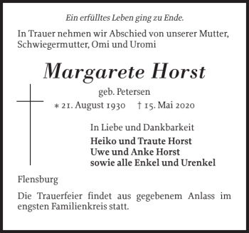 Traueranzeige von Margarete Horst von Flensburger Tageblatt