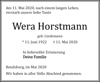 Traueranzeige von Wera Horstmann von Landeszeitung