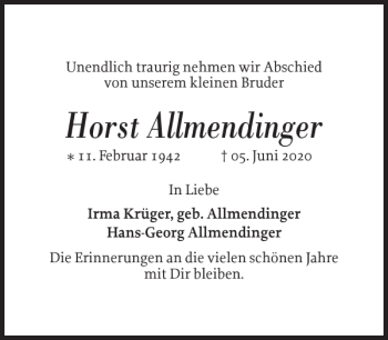 Traueranzeige von Horst Allmendinger von Sylter Rundschau