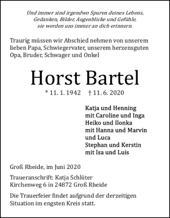 Traueranzeige von Horst Bartel von Schleswiger Nachrichten