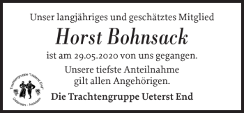 Traueranzeige von Horst Bohnsack von Uetersener Nachrichten