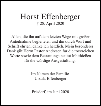 Traueranzeige von Horst Effenberger von Pinneberger Tageblatt