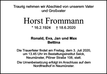 Traueranzeige von Horst Frommann von Holsteinischer Courier