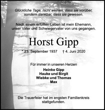 Traueranzeige von Horst Gipp von Holsteinischer Courier