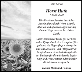 Traueranzeige von Horst Huth von Stormarner Tageblatt