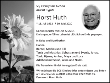 Traueranzeige von Horst Huth von Stormarner Tageblatt