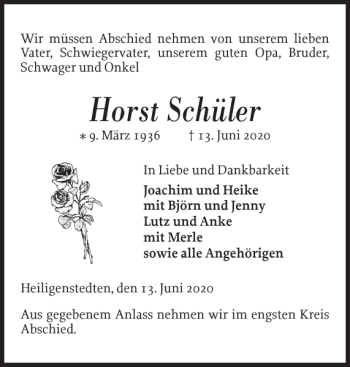 Traueranzeige von Horst Schüler von Norddeutsche Rundschau