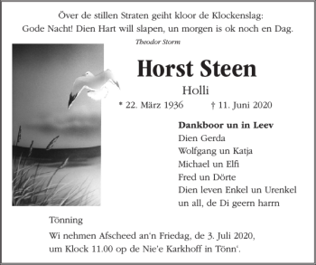 Traueranzeige von Horst Steen von Husumer Nachrichten