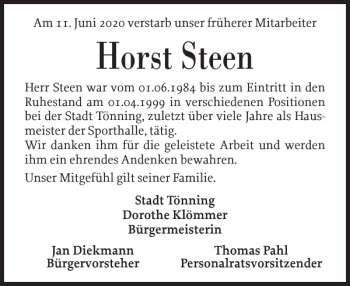 Traueranzeige von Horst Steen von Husumer Nachrichten
