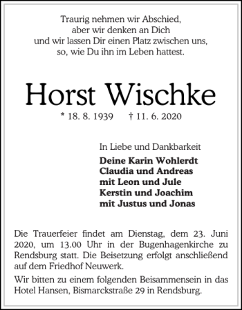 Traueranzeige von Horst Wischke von Landeszeitung