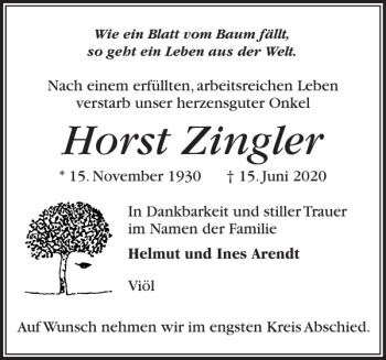 Traueranzeige von Horst Zingler von Husumer Nachrichten