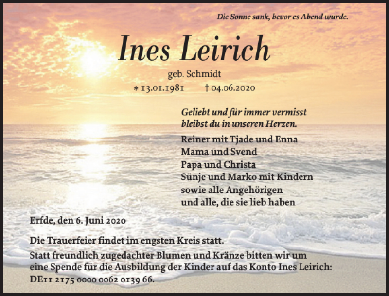  Traueranzeige für Ines Leirich vom 06.06.2020 aus Landeszeitung