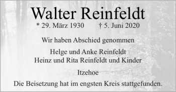 Traueranzeige von Walter Reinfeldt von Norddeutsche Rundschau