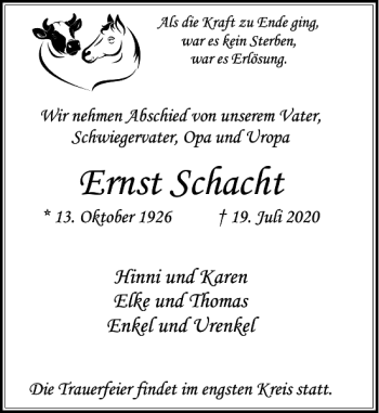 Traueranzeige von Ernst Schacht von Stormarner Tageblatt