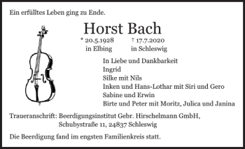 Traueranzeige von Horst Bach von Schleswiger Nachrichten
