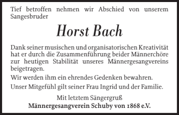 Traueranzeige von Horst Bach von Schleswiger Nachrichten