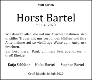 Traueranzeige von Horst Bartel von Schleswiger Nachrichten