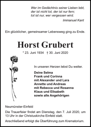 Traueranzeige von Horst Grubert von Holsteinischer Courier