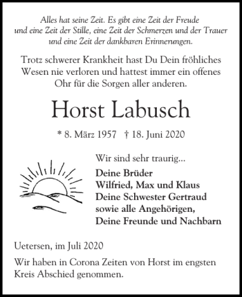 Traueranzeige von Horst Labusch von Elmshorner Nachrichten