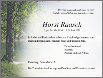 Traueranzeige von Horst Raasch von Pinneberger Tageblatt