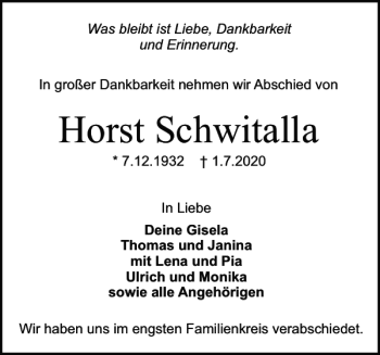 Traueranzeige von Horst Schwitalla von Holsteinischer Courier