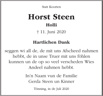 Traueranzeige von Horst Steen von Husumer Nachrichten