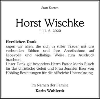 Traueranzeige von Horst Wischke von Landeszeitung