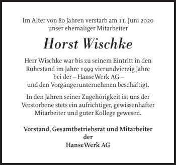 Traueranzeige von Horst Wischke von Landeszeitung
