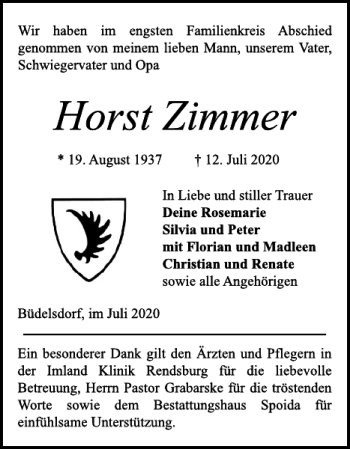 Traueranzeige von Horst Zimmer von Landeszeitung