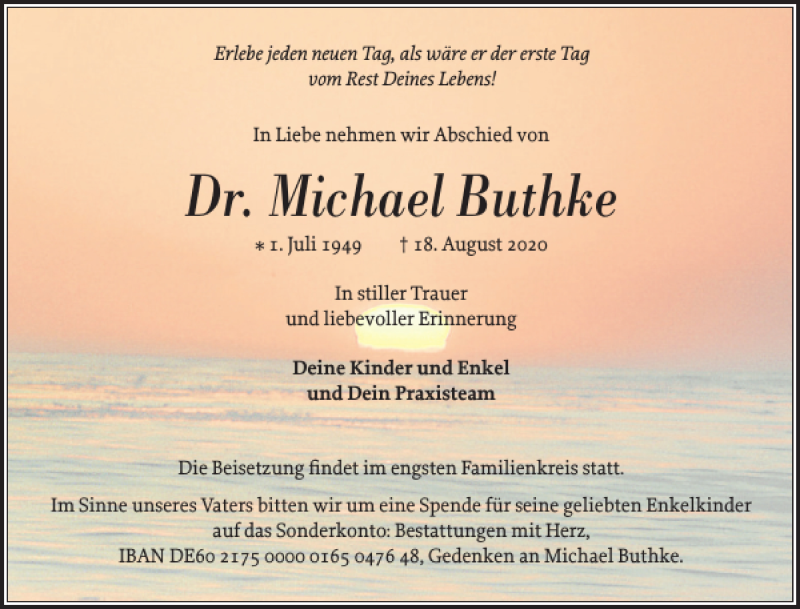  Traueranzeige für Dr. Michael Buthke vom 29.08.2020 aus Flensburger Tageblatt
