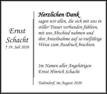 Traueranzeige von Ernst Schacht von Stormarner Tageblatt
