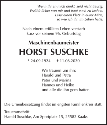 Traueranzeige von HORST SUSCHKE von Norddeutsche Rundschau