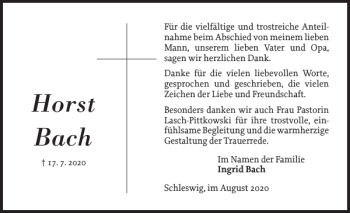 Traueranzeige von Horst Bach von Schleswiger Nachrichten