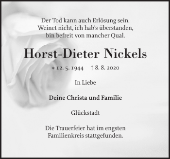 Traueranzeige von Horst-Dieter Nickels von Norddeutsche Rundschau