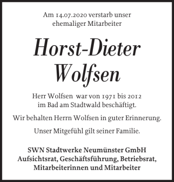 Traueranzeige von Horst-Dieter Wolfsen von Holsteinischer Courier