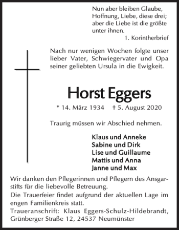Traueranzeige von Horst Eggers von Holsteinischer Courier